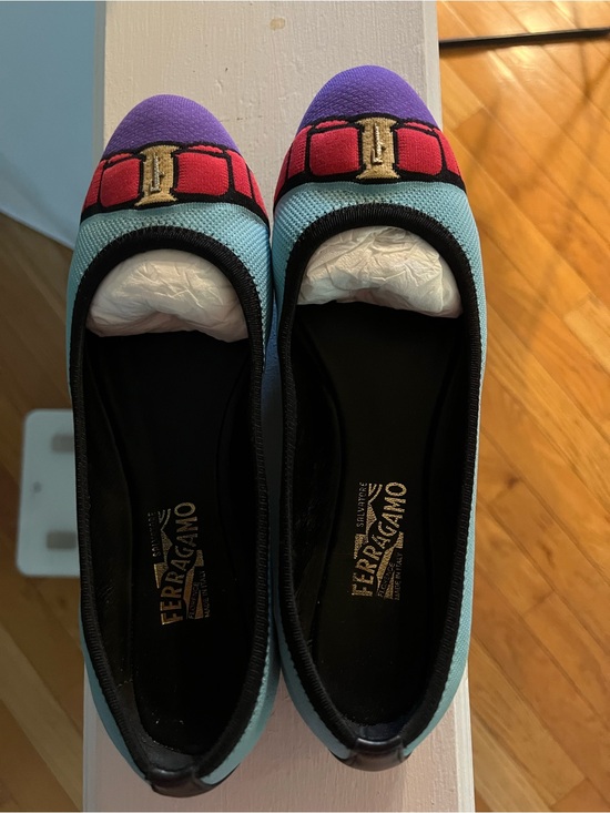 Salvatore Ferragamo Shoes - Salvatore Ferragamo Light Blue and Purple Ballet Flats with Red Bow